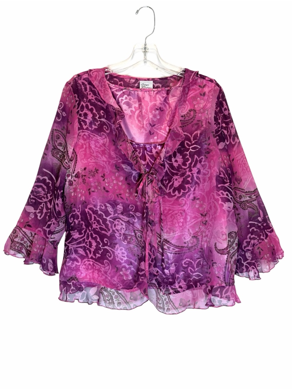 VTG Giorgio Fiorlini Collection Pink & Purple Silk Flutter Top 3/4 Sleeve- Large